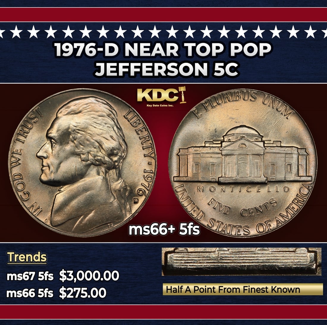 1976-d Jefferson Nickel Near Top Pop 5c ms66+ 5fs SEGS: 1976-d Near Top Pop Jefferson Nickel 5c ms66+ 5fs SEGS. Historic precious metal trends is causing increased spot pricing by the day. On auctions with set openings, we are doing our best to have items