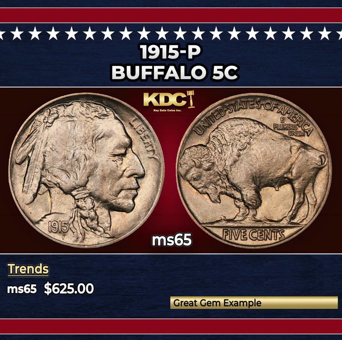 1915-p Buffalo Nickel 5c Grades ms65: 1915-p Buffalo Nickel 5c Grades ms65. Historic precious metal trends is causing increased spot pricing by the day. On auctions with set openings, we are doing our best to have items priced at their ma