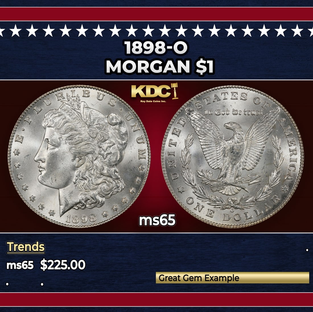 1898-o Morgan Dollar $1 Grades ms65: 1898-o Morgan Dollar $1 Grades ms65. Historic precious metal trends is causing increased spot pricing by the day. On auctions with set openings, we are doing our best to have items priced at their mar
