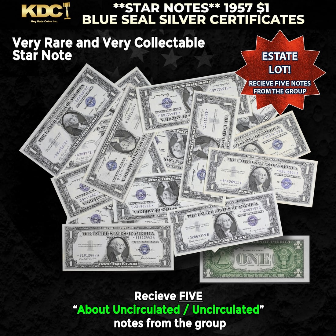 5x **STAR NOTES** 1957 $1 Blue Seal Silver Certificates Grades AU/CU: 5x **STAR NOTES** 1957 $1 Blue Seal Silver Certificates Grades AU/CU. When notes are discovered that have been printed incorrectly (such as having the serial numbers upside down, etc.) the misprinted