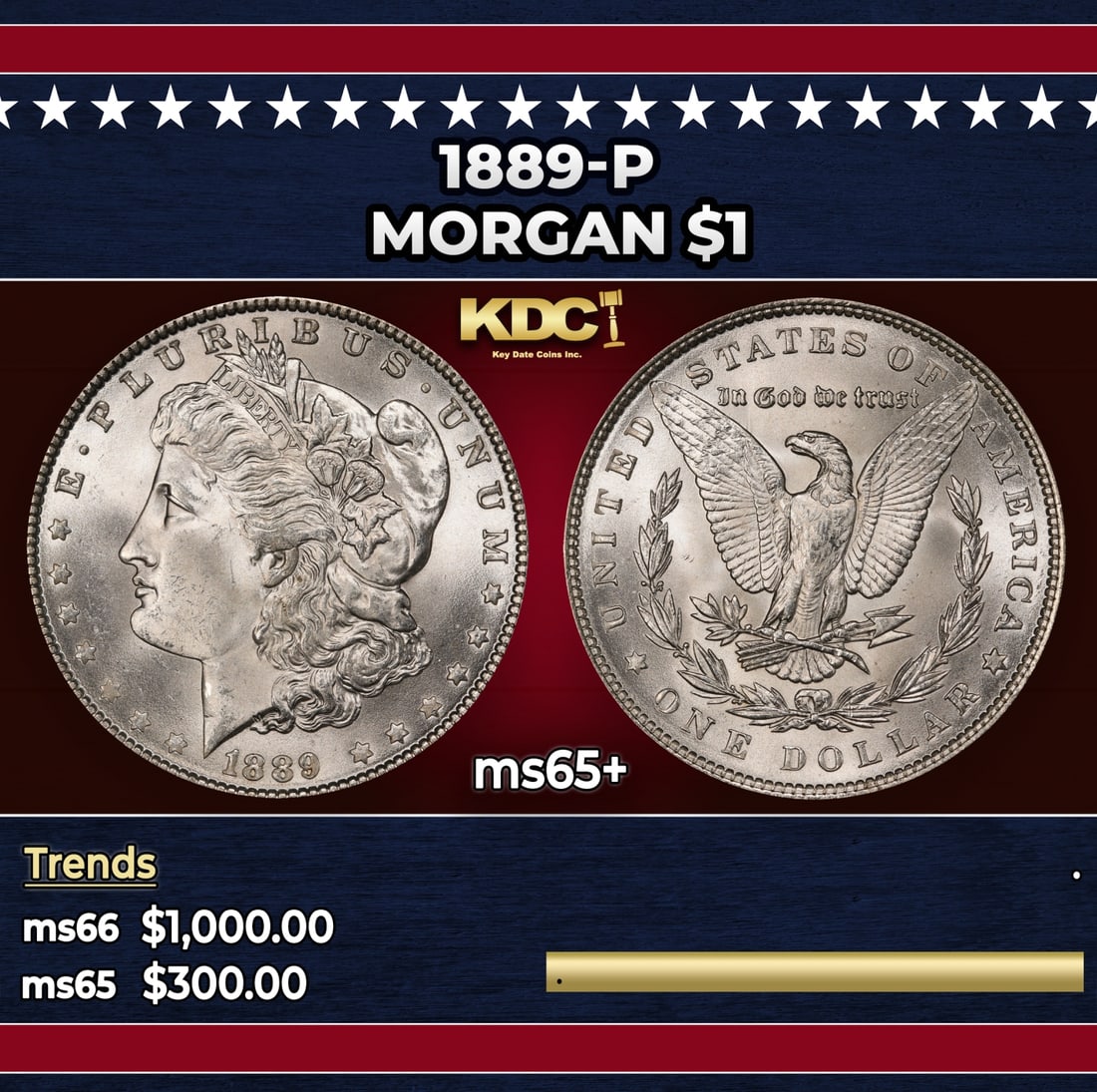 1889-p Morgan Dollar $1 Grades ms65+: 1889-p Morgan Dollar $1 Grades ms65+. Historic precious metal trends is causing increased spot pricing by the day. On auctions with set openings, we are doing our best to have items priced at their ma