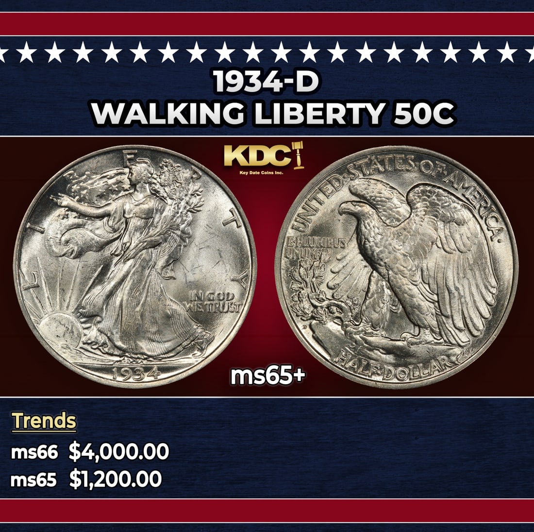 1934-d Walking Liberty Half Dollar 50c ms65+ SEGS (1 of 3)