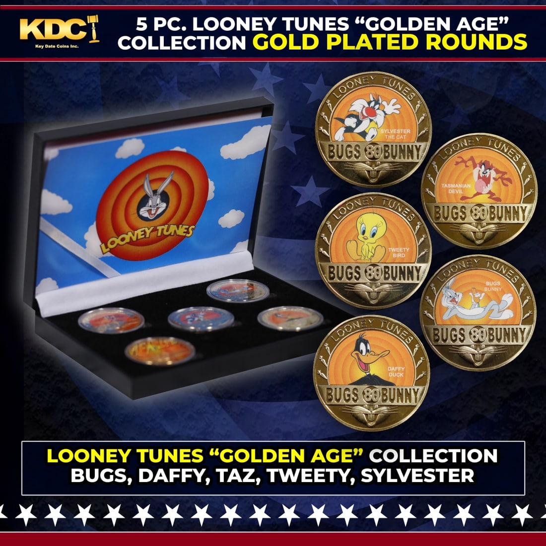 5 Coin "Golden Age" Looney Tunes Gold Plated Round Collection Bugs, Daffy, Tweety, Taz, Sylvester: 5 Coin "Golden Age" Looney Tunes Gold Plated Round Collection Bugs, Daffy, Tweety, Taz, Sylvester. Please Note All Backer Cards may have slight differences but will be very similar if not identical to