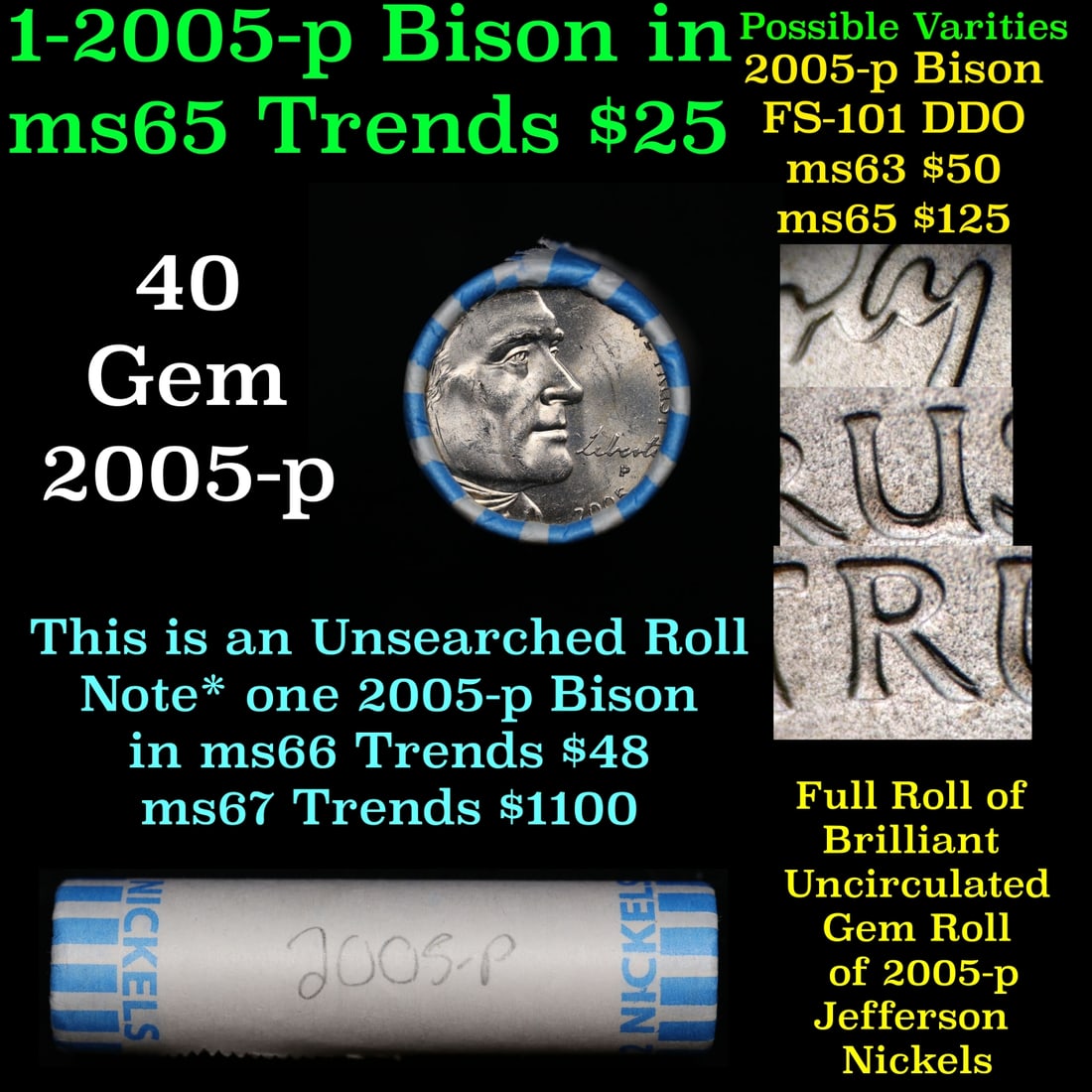 BU Shotgun Jefferson 5c roll, 2005-p Bison 40 pcs Bank $2 Nickel Wrapper: BU Shotgun Jefferson 5c roll, 2005-p Bison 40 pcs Bank $2 Nickel Wrapper. Historic precious metal trends is causing increased spot pricing by the day. On auctions with set openings, we are doing our b