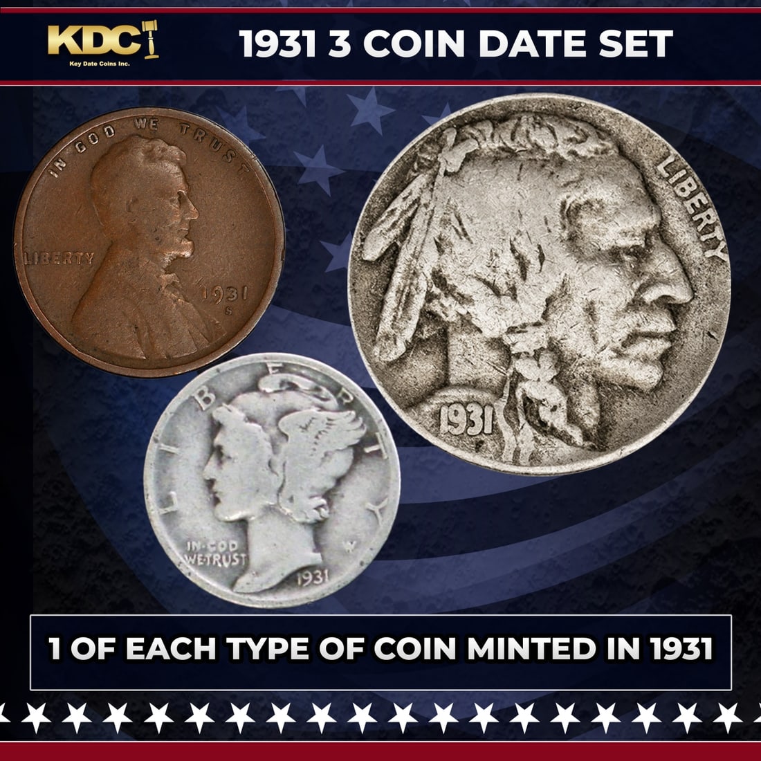 1931 5 Coin Date Set, 1 Of Each Type Of Coin Minted in 1931: 1931 5 Coin Date Set, 1 Of Each Type Of Coin Minted in 1931. Please Note All Backer Cards may have slight differences but will be very similar if not identical to the one in the photoHistoric precious