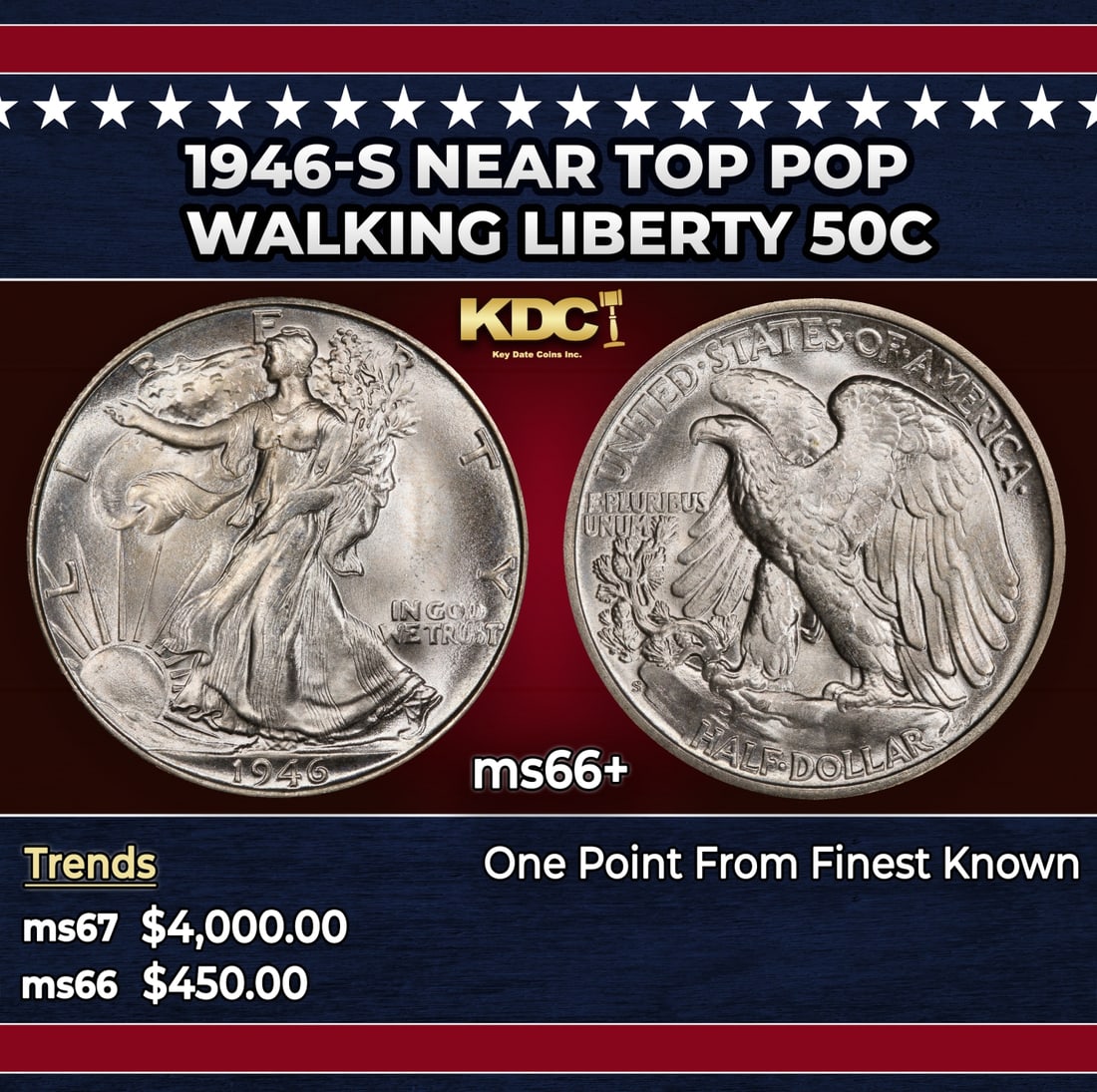 1946-s Walking Liberty Half Dollar Near Top Pop 50c ms66+ SEGS: 1946-s Near Top Pop Walking Liberty Half Dollar 50c ms66+ SEGS. Historic precious metal trends is causing increased spot pricing by the day. On auctions with set openings, we are doing our