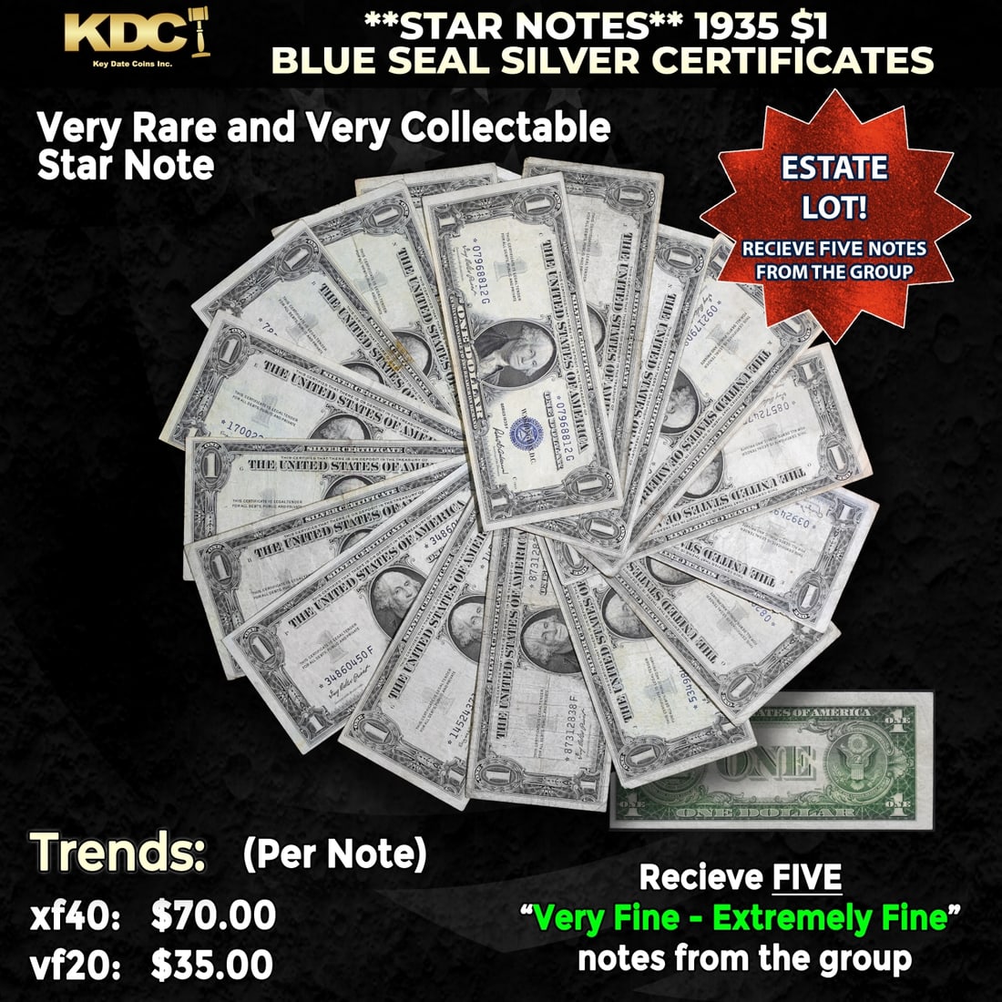 5x **STAR NOTES** 1935 $1 Blue Seal Silver Certificates Grades VF/XF (1 of 1)