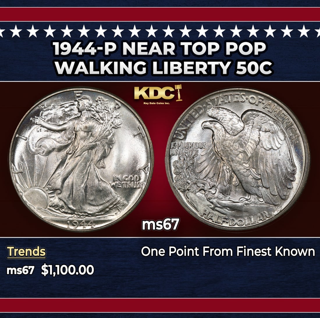 1944-p Walking Liberty Half Dollar Near Top Pop 50c ms67 SEGS: 1944-p Near Top Pop Walking Liberty Half Dollar 50c ms67 SEGS. Historic precious metal trends is causing increased spot pricing by the day. On auctions with set openings, we are doing our best to have