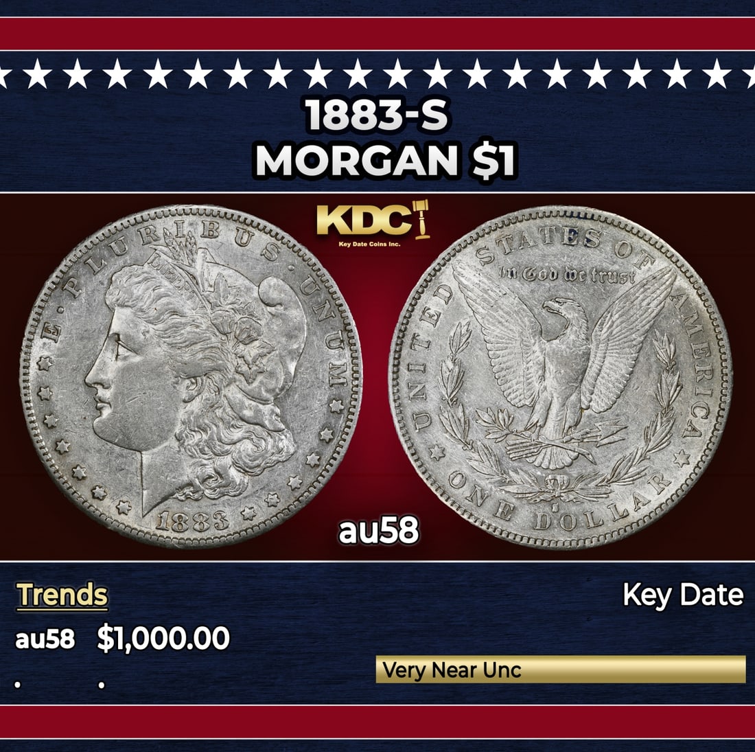 1883-s Morgan Dollar $1 au58 SEGS: 1883-s Morgan Dollar $1 au58 SEGS.