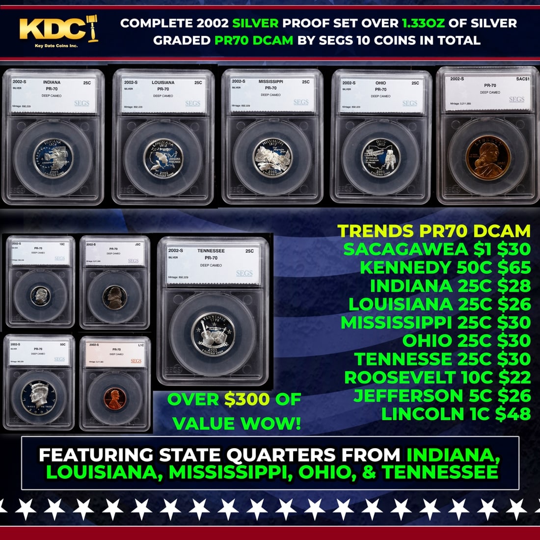 2002 US Silver Proof Set Graded pr70 DCAM By SEGS about 1.5 oz of pure silver 10 Coins: 2002 US Silver Proof Set Graded pr70 DCAM By SEGS about 1.5 oz of pure silver 10 Coins.