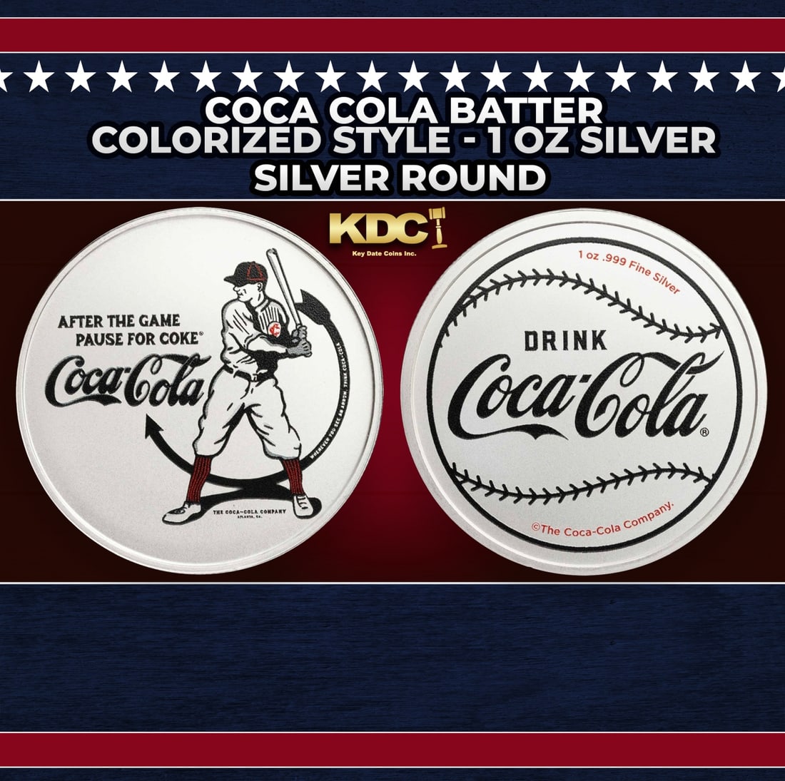 Coca Cola Batter Colorized Style - 1 oz Silver Round Round: Coca Cola Batter Colorized Style - 1 oz Silver Round. Celebrate both America's favorite soft drink and favorite pastime together with this unique silver round. The obverse features an early 20th centu
