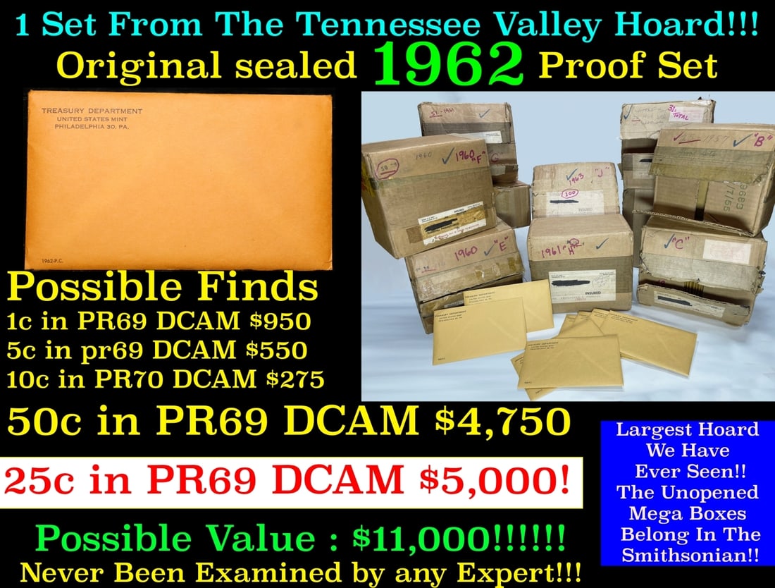 Original sealed 1962 United States Mint Proof Set Tennessee Valley Hoard: Original sealed 1962 United States Mint Proof Set Tennessee Valley Hoard. Once in a lifetime collection We are proud to bring to auction the greatest proof collection of the late 1950s and early 1960s