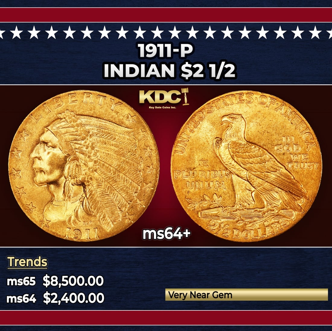 1911-p Gold Indian Quarter Eagle $2 1/2 ms64+ SEGS (1 of 3)