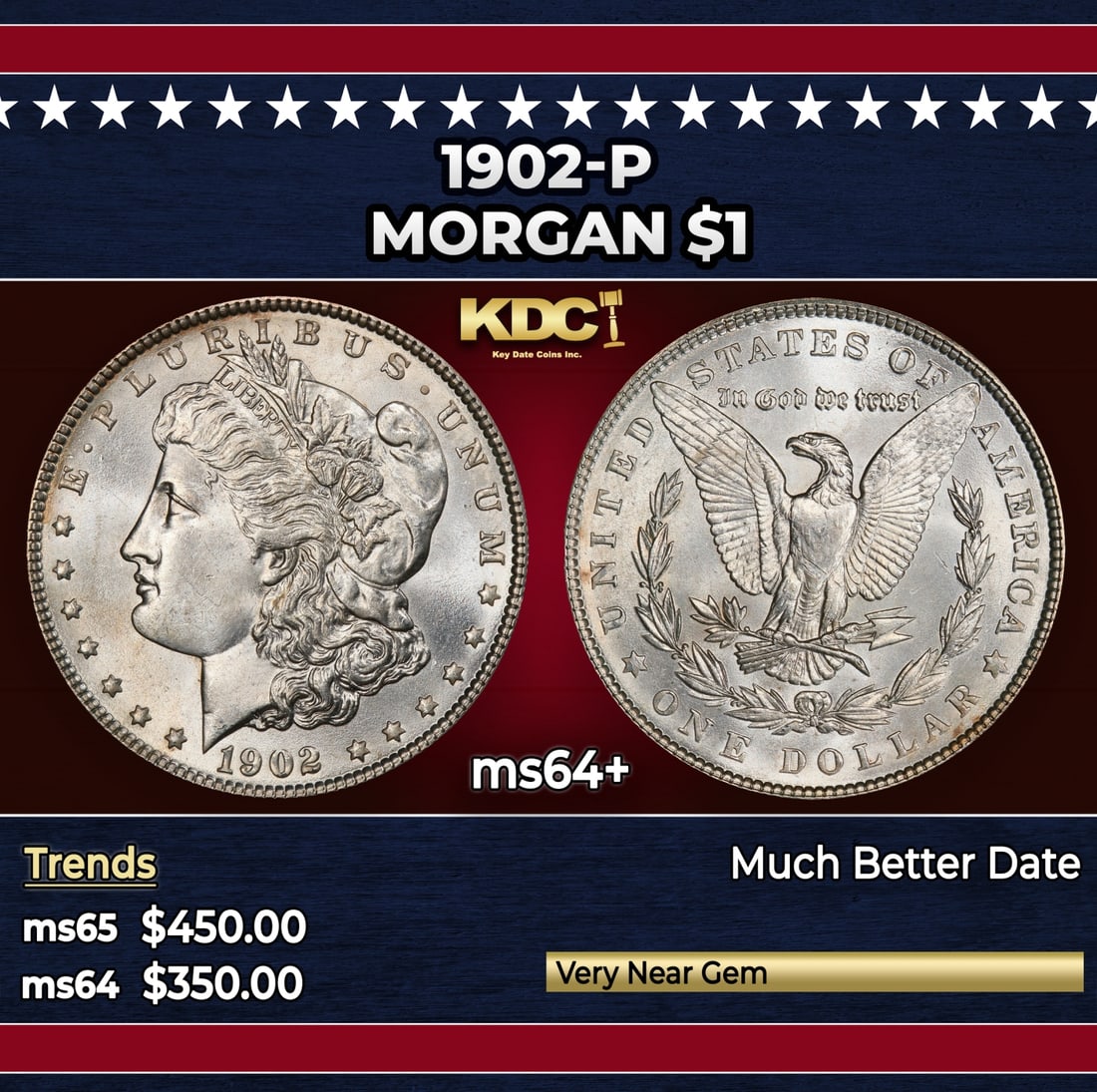 1902-p Morgan Dollar $1 Grades ms64+ (1 of 3)