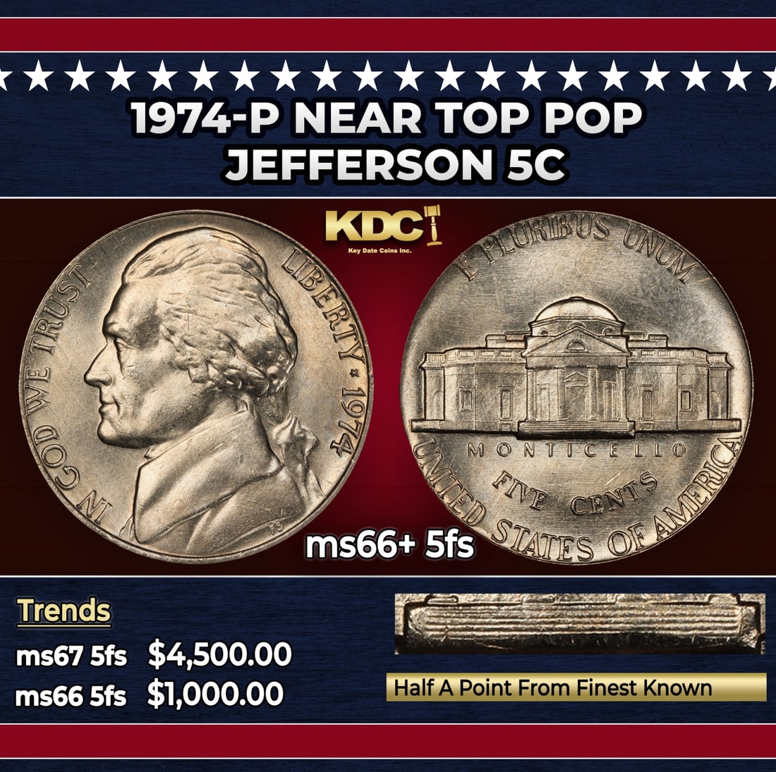 1974-p Jefferson Nickel Near Top Pop 5c ms66+ 5fs SEGS: 1974-p Near Top Pop Jefferson Nickel 5c ms66+ 5fs SEGS. Historic precious metal trends is causing increased spot pricing by the day. On auctions with set openings, we are doing our best to have items 