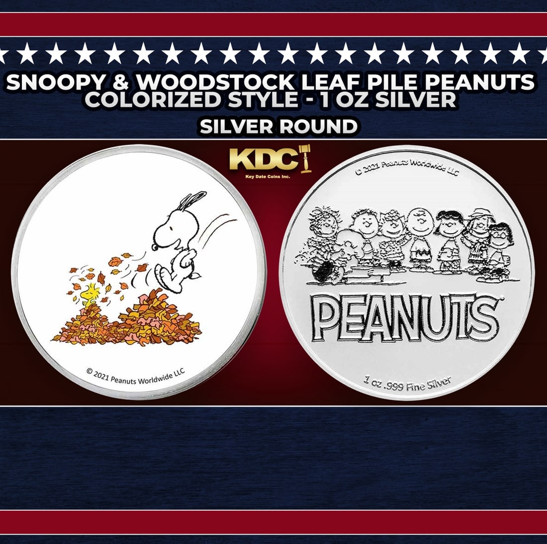 Snoopy & Woodstock Leaf Pile Peanuts Colorized Style - 1 oz Silver Round Round (1 of 3)