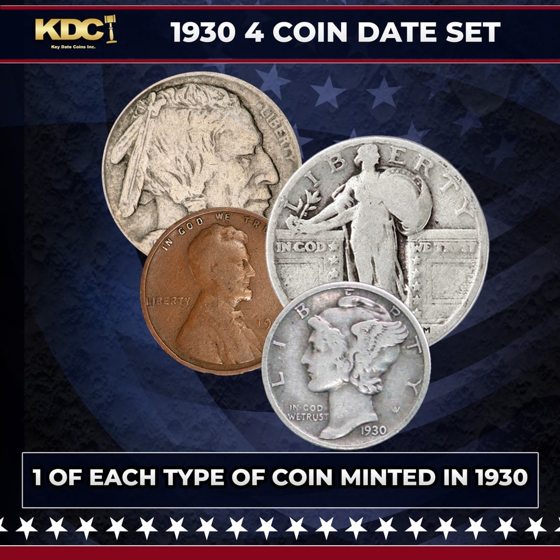 1930 5 Coin Date Set, 1 Of Each Type Of Coin Minted in 1930: 1930 5 Coin Date Set, 1 Of Each Type Of Coin Minted in 1930. Please Note All Backer Cards may have slight differences but will be very similar if not identical to the one in the photo