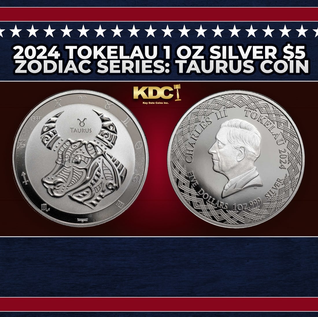 2024 Tokelau 1 oz Silver $5 Zodiac Series: Taurus Coin Round (1 of 3)