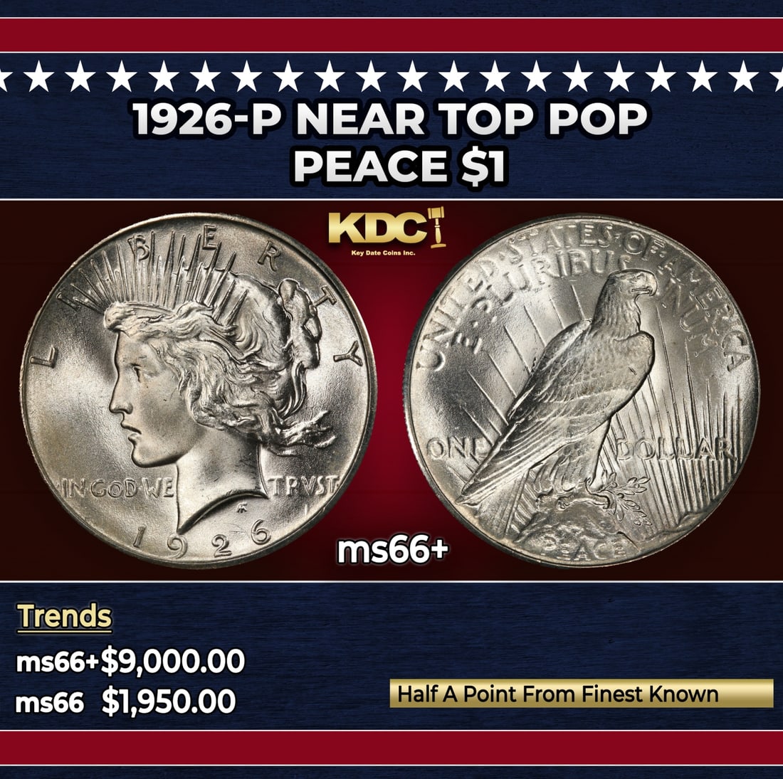 1926-p Peace Dollar Near Top Pop $1 ms66+ SEGS: 1926-p Near Top Pop Peace Dollar $1 ms66+ SEGS. Historic precious metal trends is causing increased spot pricing by the day. On auctions with set openings, we are doing our best to have items priced a