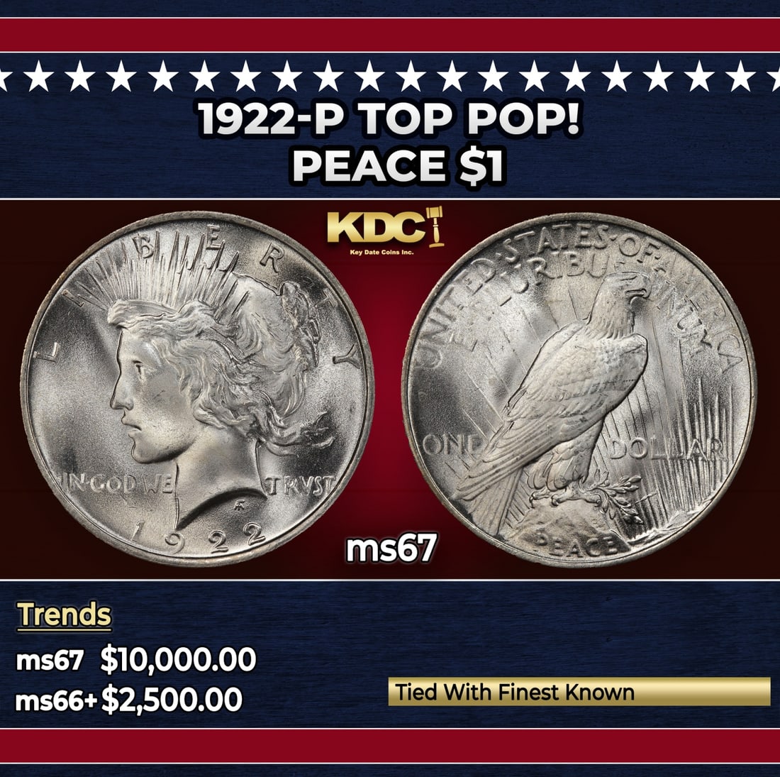 1922-p Peace Dollar TOP POP! $1 ms67 SEGS: 1922-p TOP POP! Peace Dollar $1 ms67 SEGS. Historic precious metal trends is causing increased spot pricing by the day. On auctions with set openings, we are doing our best to have items priced at the