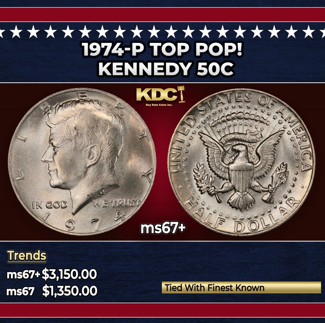 1974-p Kennedy Half Dollar TOP POP! 50c ms67+ SEGS: 1974-p TOP POP! Kennedy Half Dollar 50c ms67+ SEGS. Historic precious metal trends is causing increased spot pricing by the day. On auctions with set openings, we are doing our best to have items pric