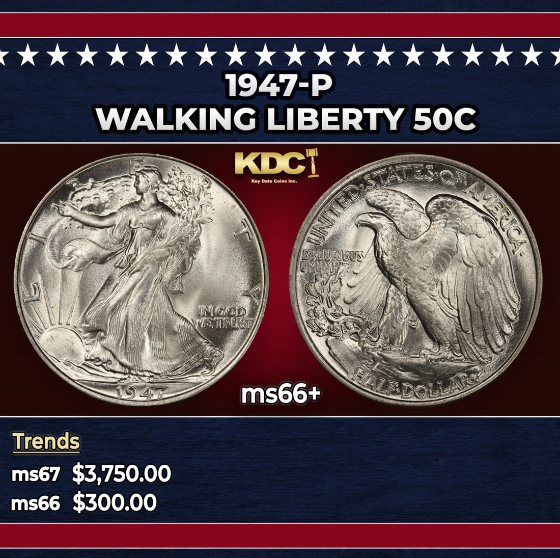 1947-p Walking Liberty Half Dollar 50c ms66+ SEGS: 1947-p Walking Liberty Half Dollar 50c ms66+ SEGS. Historic precious metal trends is causing increased spot pricing by the day. On auctions with set openings, we are doing our best to have items price