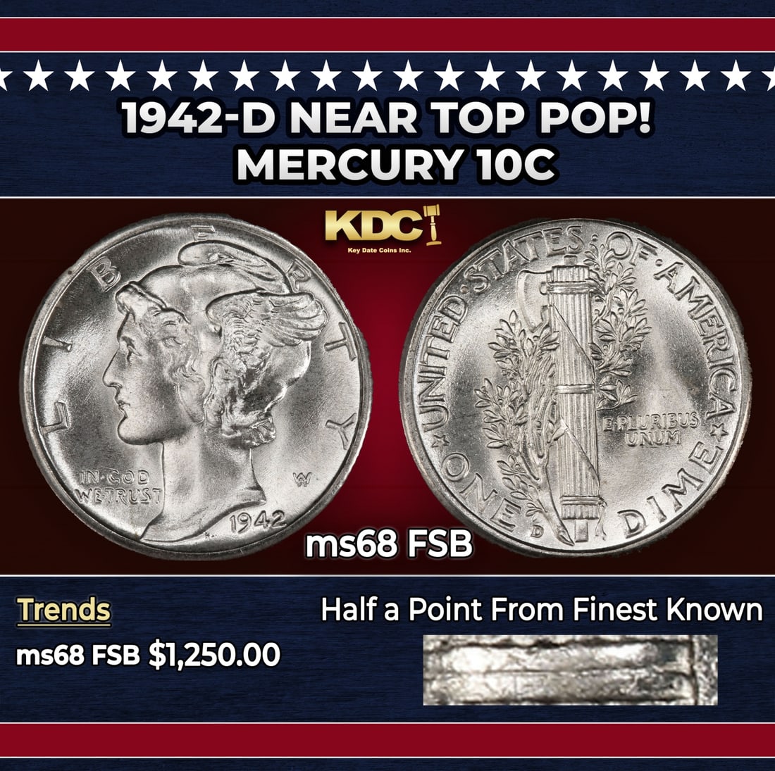 1942-d Mercury Dime Near Top Pop! 10c ms68 FSB SEGS: 1942-d Near Top Pop! Mercury Dime 10c ms68 FSB SEGS. Historic precious metal trends is causing increased spot pricing by the day. On auctions with set openings, we are doing our best to have items pri