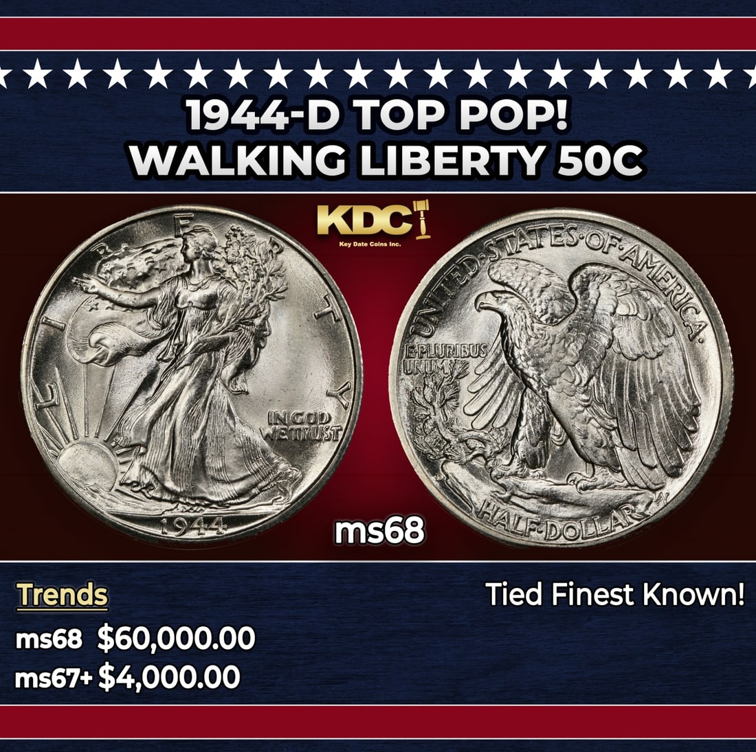 1944-d Walking Liberty Half Dollar TOP POP! 50c ms68 SEGS: 1944-d TOP POP! Walking Liberty Half Dollar 50c ms68 SEGS. Historic precious metal trends is causing increased spot pricing by the day. On auctions with set openings, we are doing our best to have ite