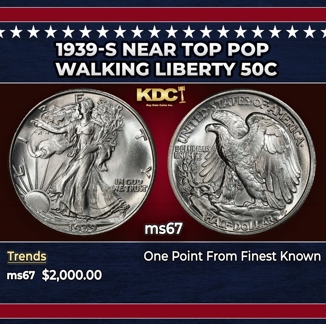 1939-s Walking Liberty Half Dollar Near Top Pop 50c ms67 SEGS: 1939-s Near Top Pop Walking Liberty Half Dollar 50c ms67 SEGS. Historic precious metal trends is causing increased spot pricing by the day. On auctions with set openings, we are doing our best to have