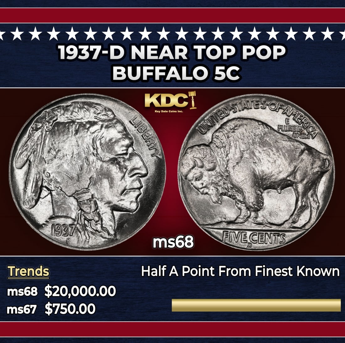 1937-d Buffalo Nickel Near Top Pop 5c ms68 SEGS: 1937-d Near Top Pop Buffalo Nickel 5c ms68 SEGS. Historic precious metal trends is causing increased spot pricing by the day. On auctions with set openings, we are doing our best to have items priced