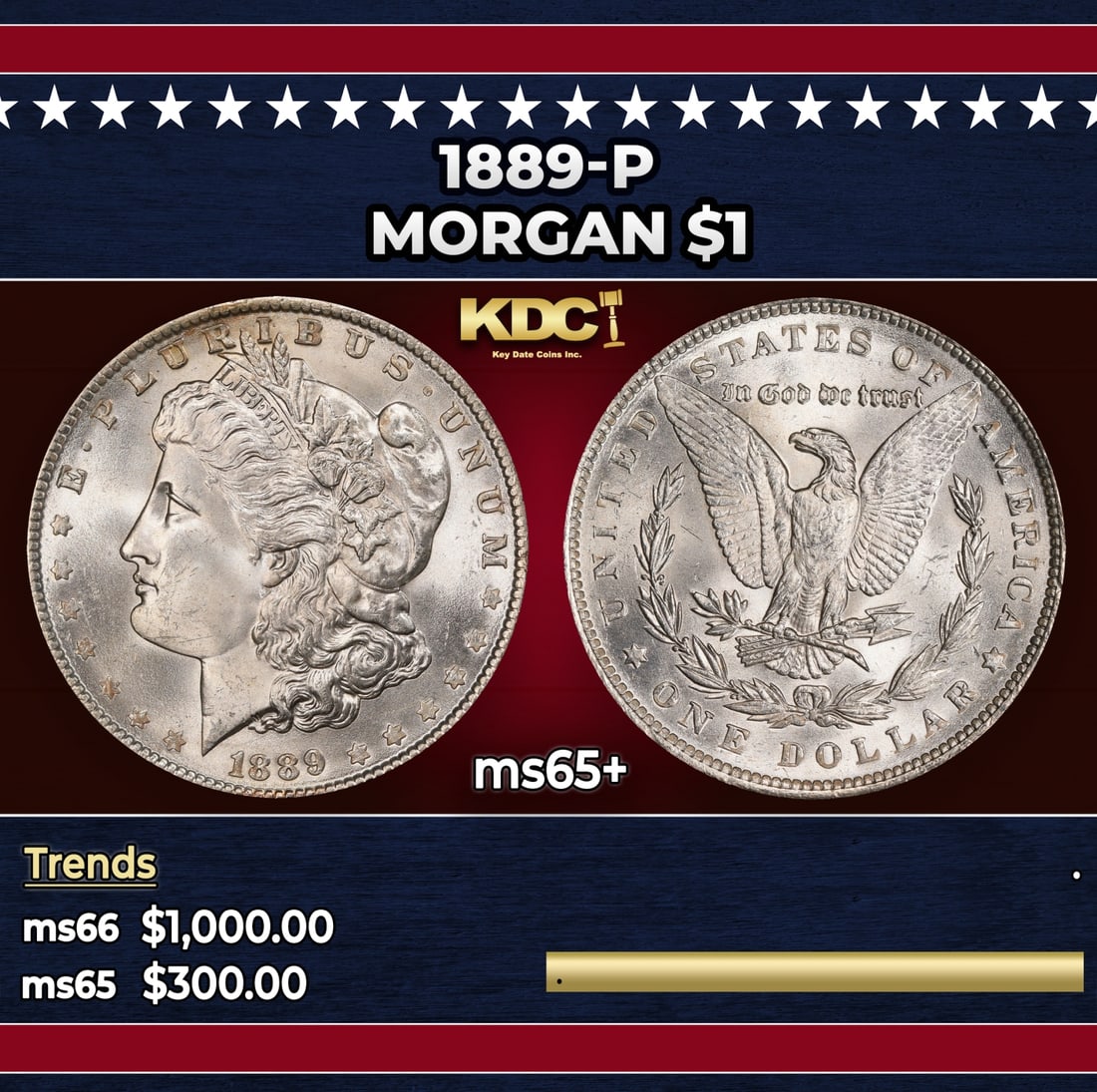 1889-p Morgan Dollar $1 Grades ms65+ (1 of 3)