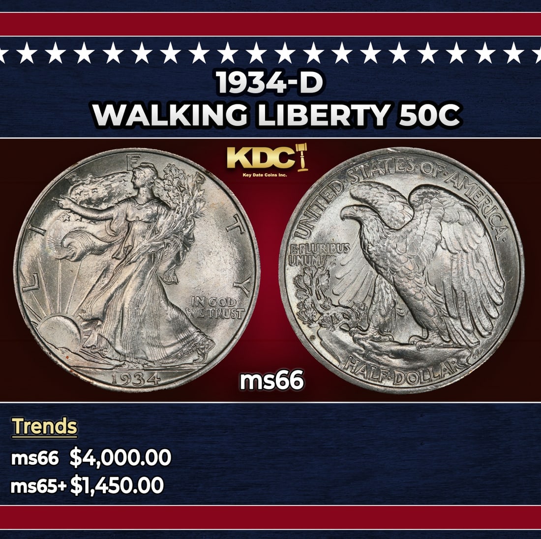 1934-d Walking Liberty Half Dollar 50c ms66 SEGS: 1934-d Walking Liberty Half Dollar 50c ms66 SEGS. Historic precious metal trends is causing increased spot pricing by the day. On auctions with set openings, we are doing our best to have items priced