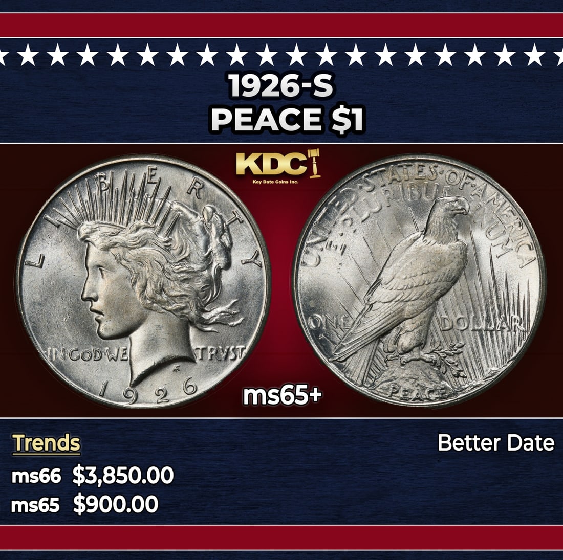 1926-s Peace Dollar $1 ms65+ SEGS: 1926-s Peace Dollar $1 ms65+ SEGS. Historic precious metal trends is causing increased spot pricing by the day. On auctions with set openings, we are doing our best to have items priced at their marke