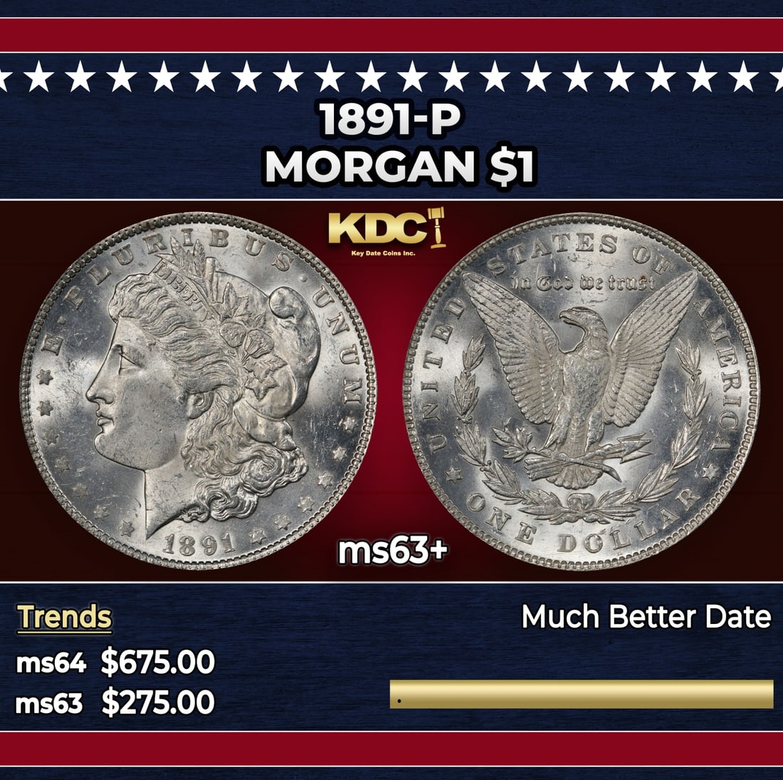 1891-p Morgan Dollar $1 Grades ms63+ (1 of 3)