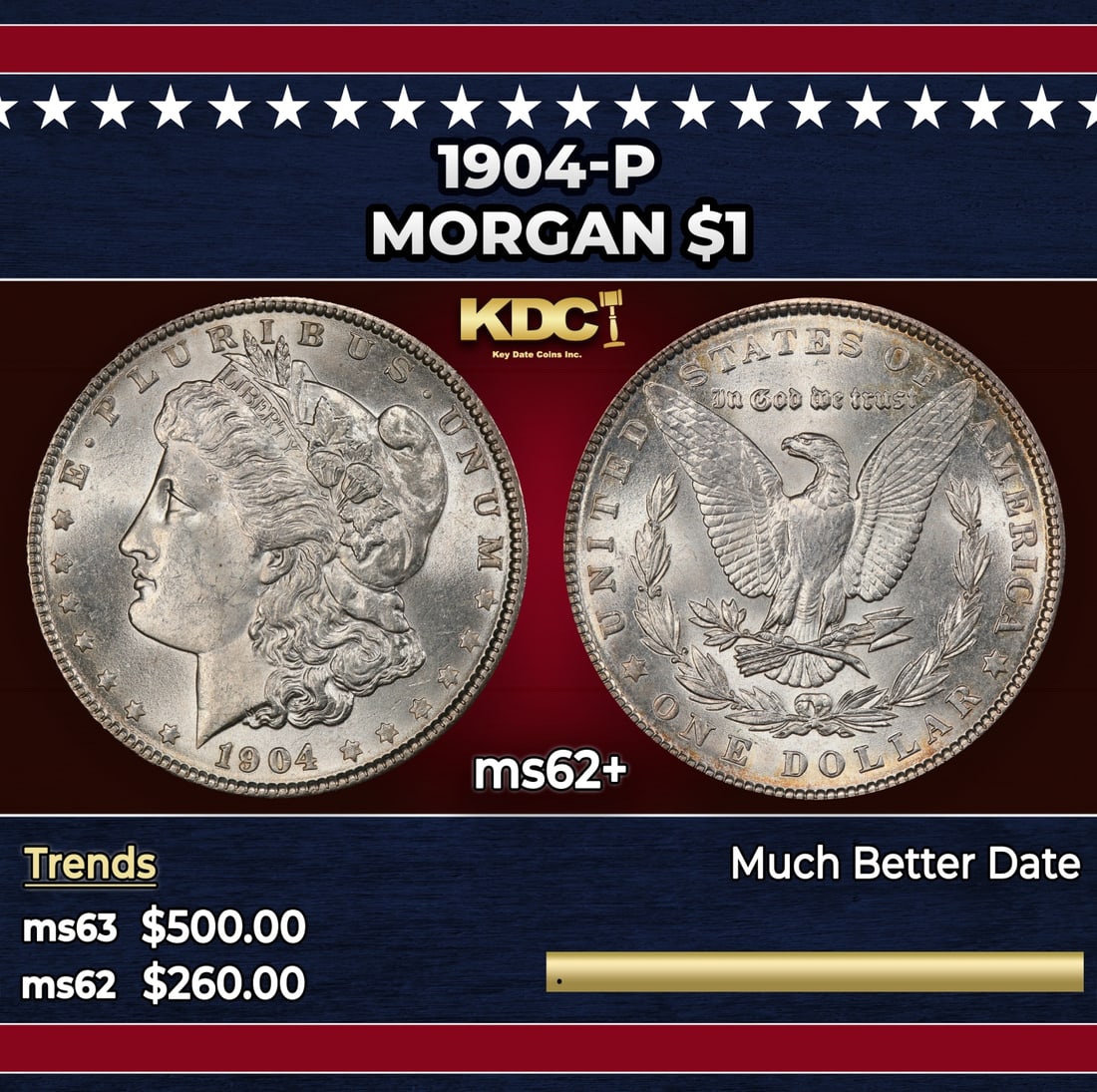 1904-p Morgan Dollar $1 Grades ms62+ (1 of 3)