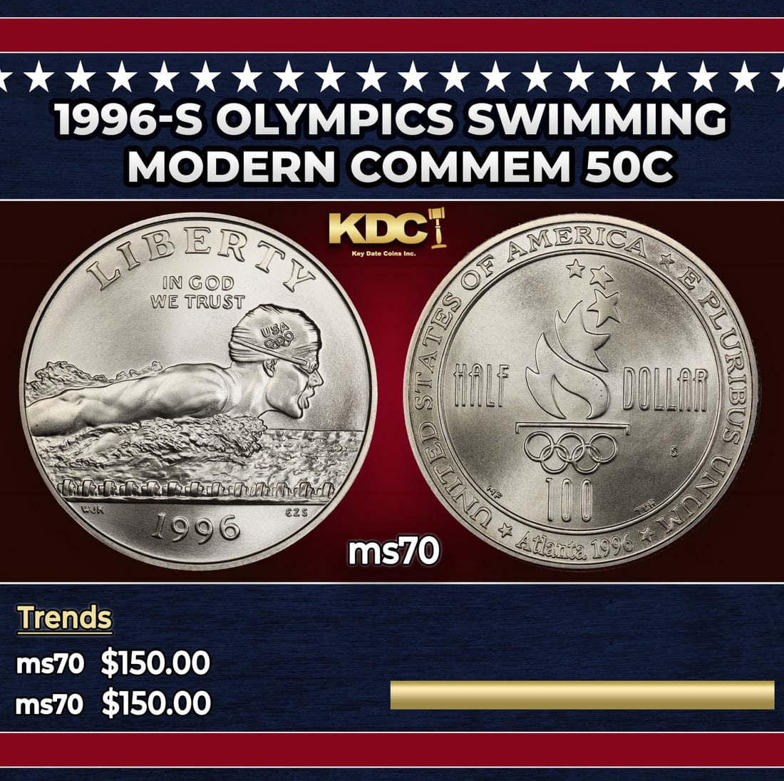 1996-s Olympics Swimming Modern Commem Half Dollar 50c ms70 SEGS (1 of 3)