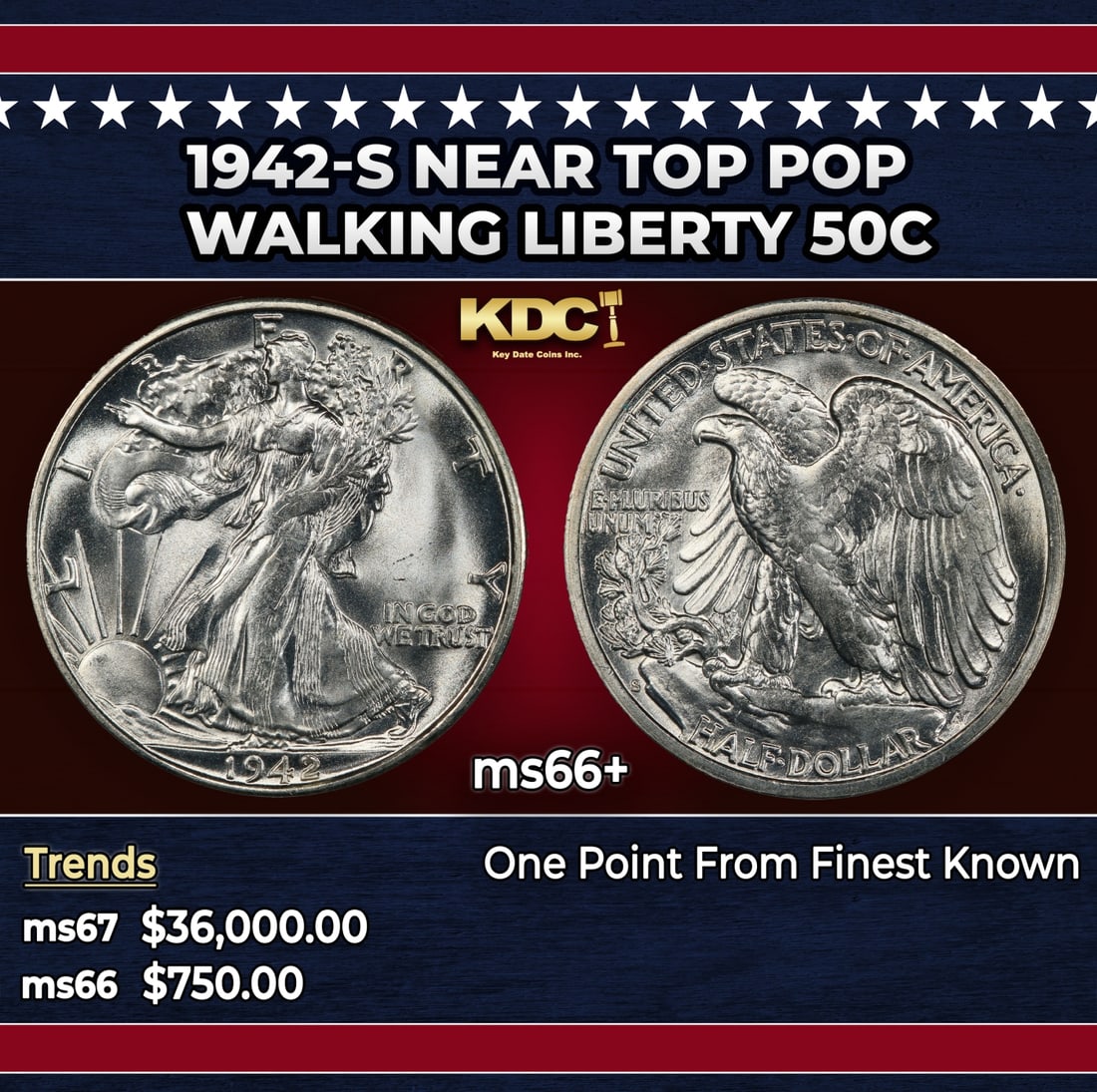1942-s Walking Liberty Half Dollar Near Top Pop 50c ms66+ SEGS: 1942-s Near Top Pop Walking Liberty Half Dollar 50c ms66+ SEGS. Historic precious metal trends is causing increased spot pricing by the day. On auctions with set openings, we are doing our best to hav