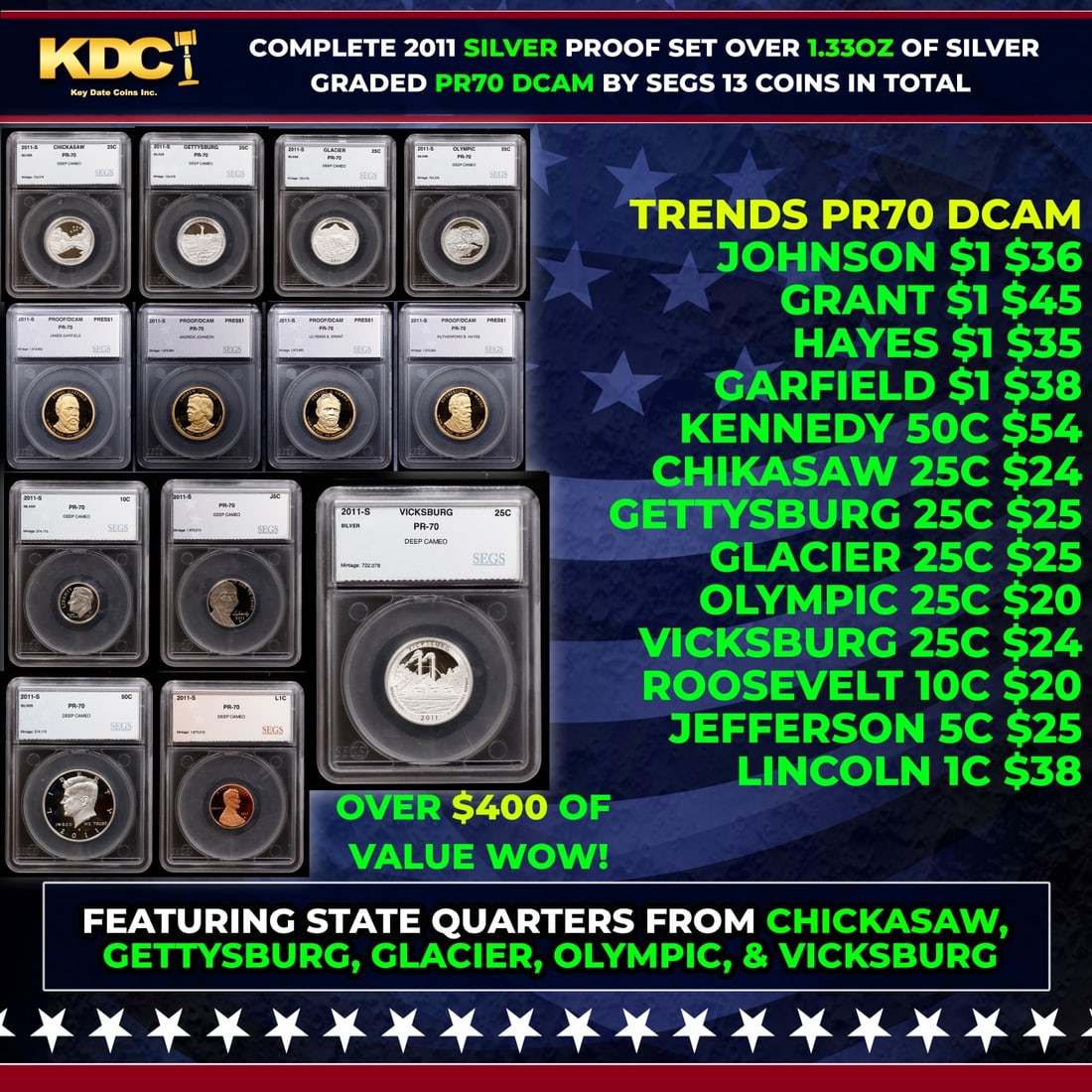 2011 US Silver Proof Set Graded pr70 DCAM By SEGS about 1.5 oz of pure silver 13 Coins (1 of 15)