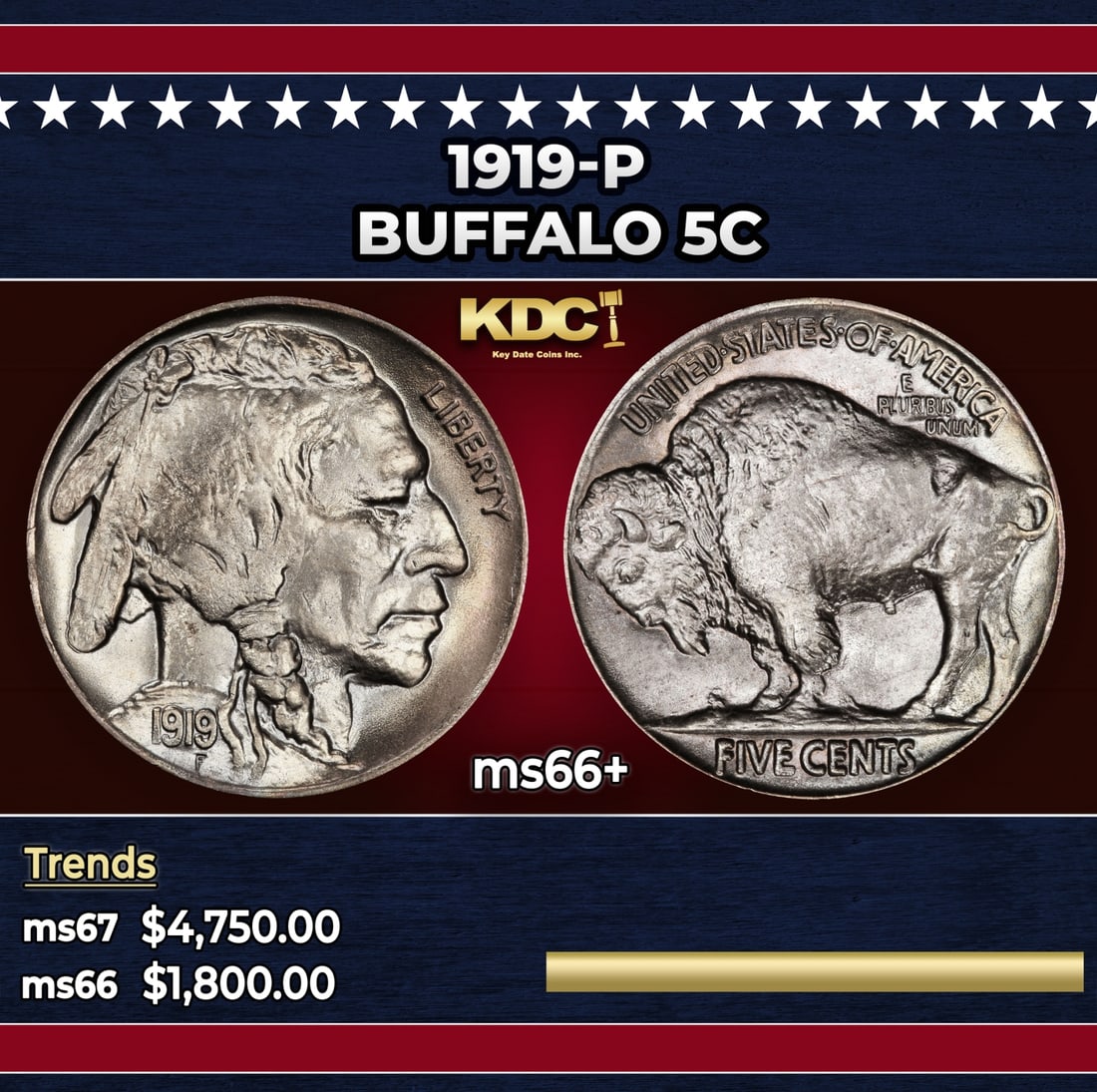 1919-p Buffalo Nickel 5c ms66+ SEGS: 1919-p Buffalo Nickel 5c ms66+ SEGS. Historic precious metal trends is causing increased spot pricing by the day. On auctions with set openings, we are doing our best to have items priced at their mar