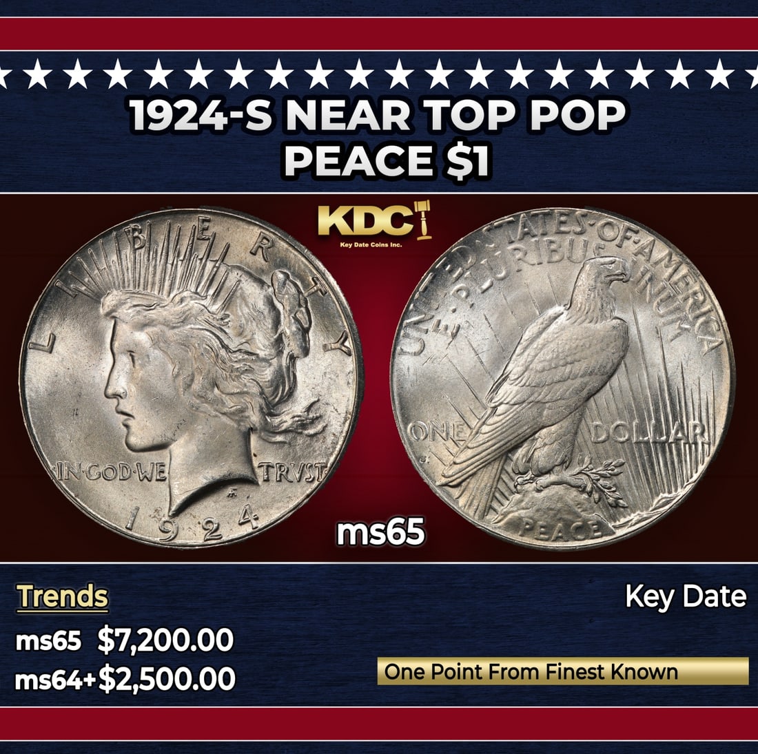 1924-s Peace Dollar Near Top Pop $1 ms65 SEGS: 1924-s Near Top Pop Peace Dollar $1 ms65 SEGS. Historic precious metal trends is causing increased spot pricing by the day. On auctions with set openings, we are doing our best to have items priced at