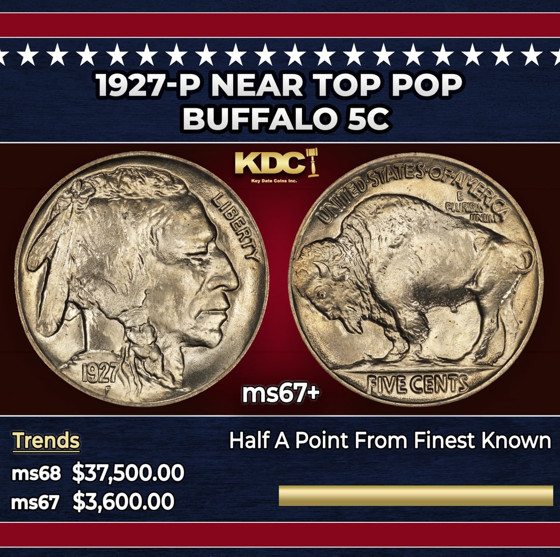1927-p Buffalo Nickel Near Top Pop 5c ms67+ SEGS: 1927-p Near Top Pop Buffalo Nickel 5c ms67+ SEGS. Historic precious metal trends is causing increased spot pricing by the day. On auctions with set openings, we are doing our best to have items priced