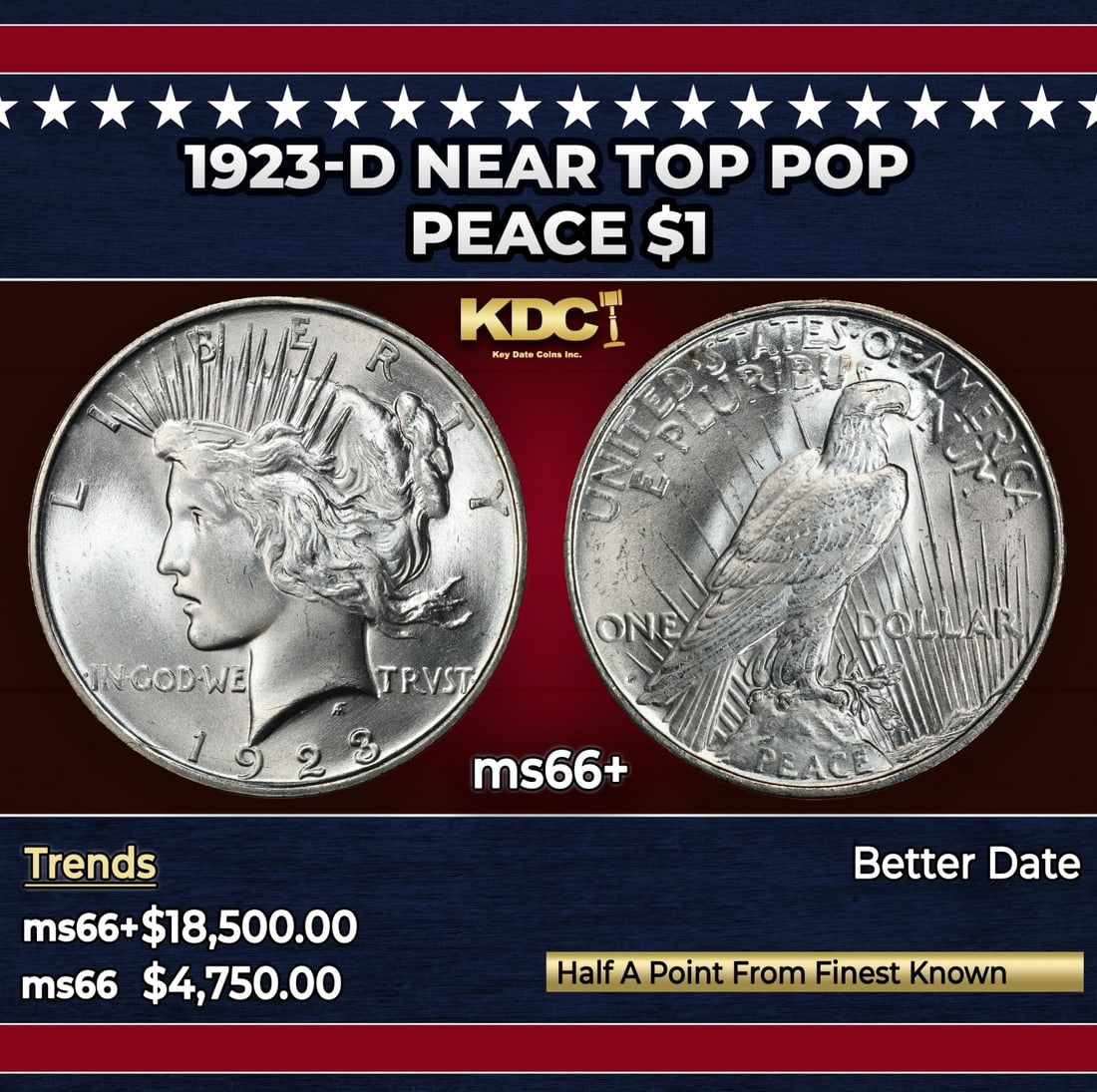 1923-d Peace Dollar Near Top Pop $1 ms66+ SEGS: 1923-d Near Top Pop Peace Dollar $1 ms66+ SEGS. Historic precious metal trends is causing increased spot pricing by the day. On auctions with set openings, we are doing our best to have items priced a