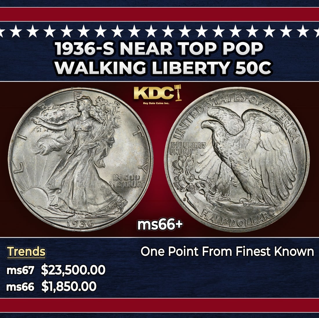 1936-s Walking Liberty Half Dollar Near Top Pop 50c ms66+ SEGS: 1936-s Near Top Pop Walking Liberty Half Dollar 50c ms66+ SEGS. Historic precious metal trends is causing increased spot pricing by the day. On auctions with set openings, we are doing our best to hav