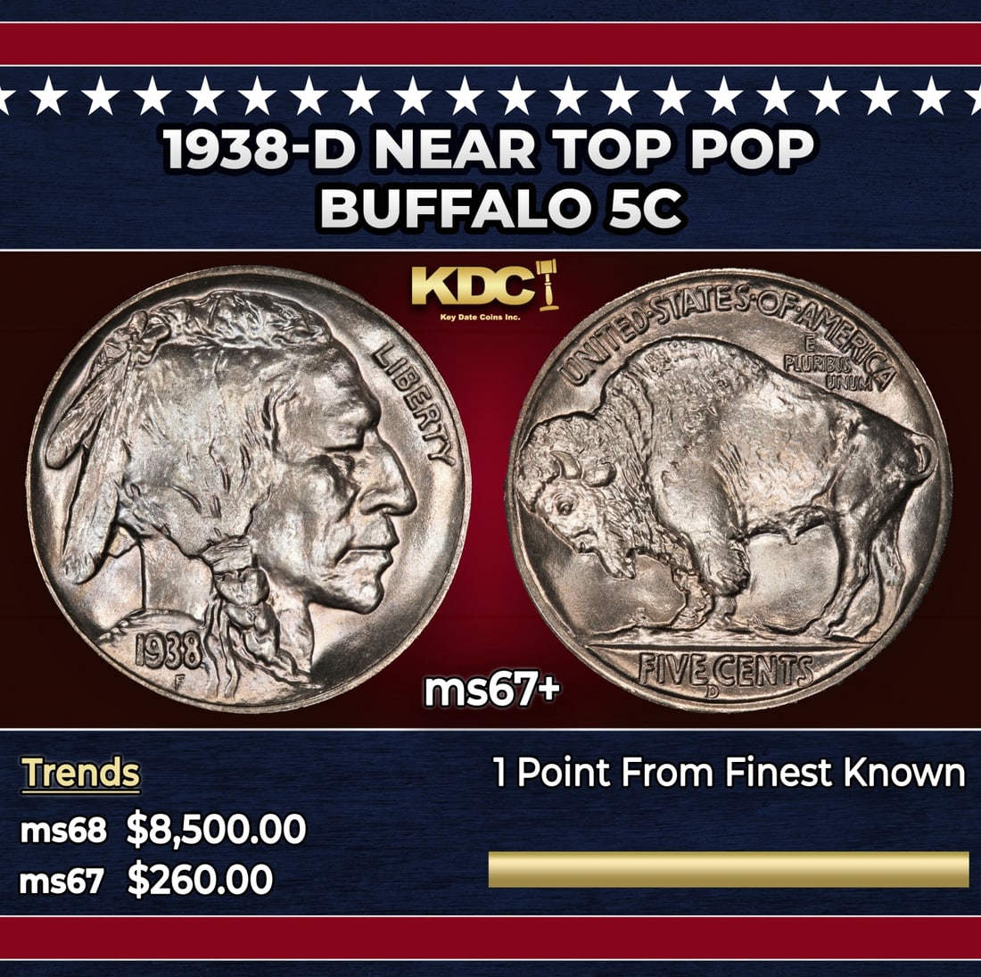 1938-d Buffalo Nickel Near Top Pop 5c ms67+ SEGS: 1938-d Near Top Pop Buffalo Nickel 5c ms67+ SEGS. Historic precious metal trends is causing increased spot pricing by the day. On auctions with set openings, we are doing our best to have items priced