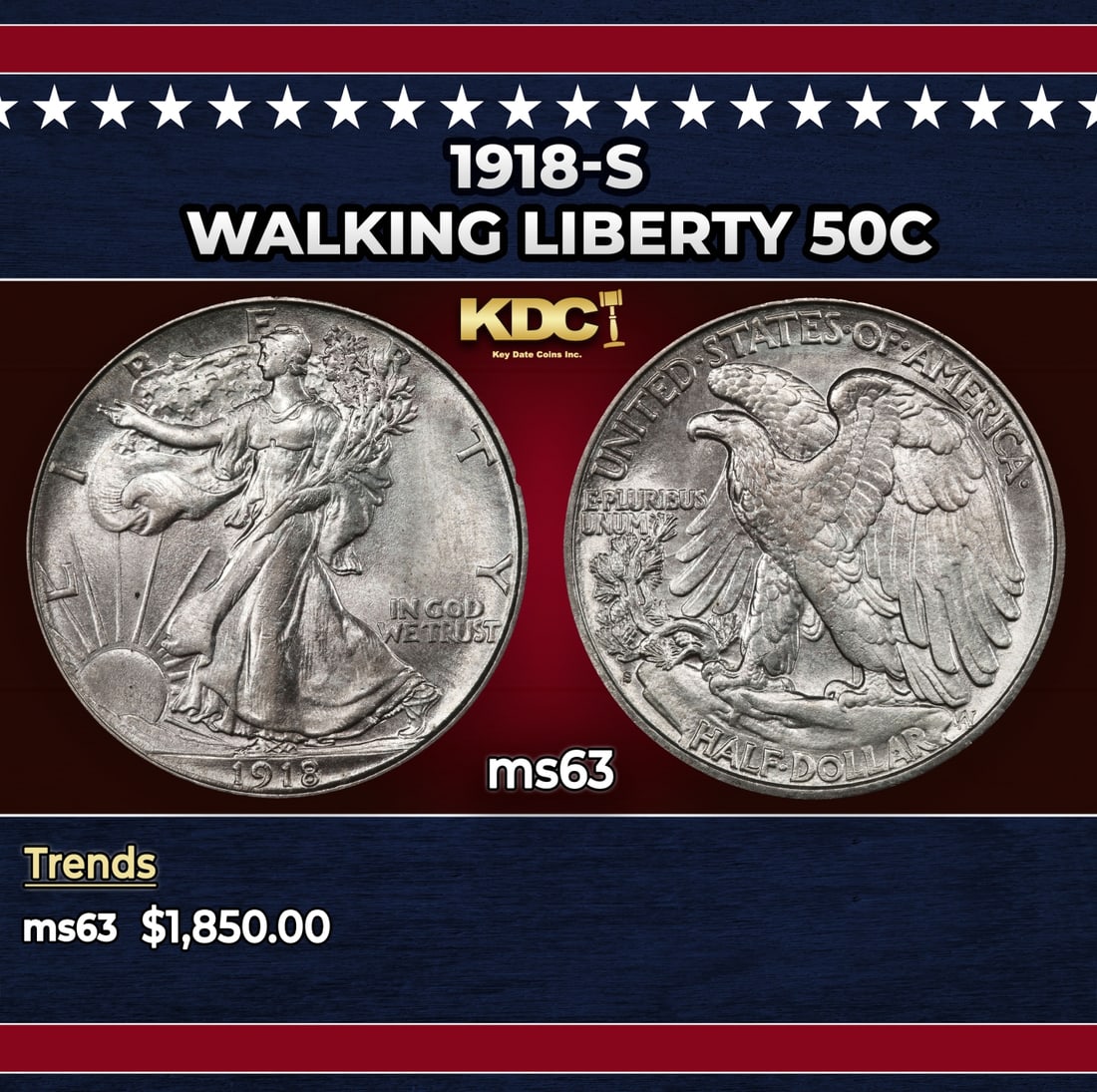 1918-s Walking Liberty Half Dollar 50c ms63 USCG: 1918-s Walking Liberty Half Dollar 50c ms63 USCG. Historic precious metal trends is causing increased spot pricing by the day. On auctions with set openings, we are doing our best to have items priced