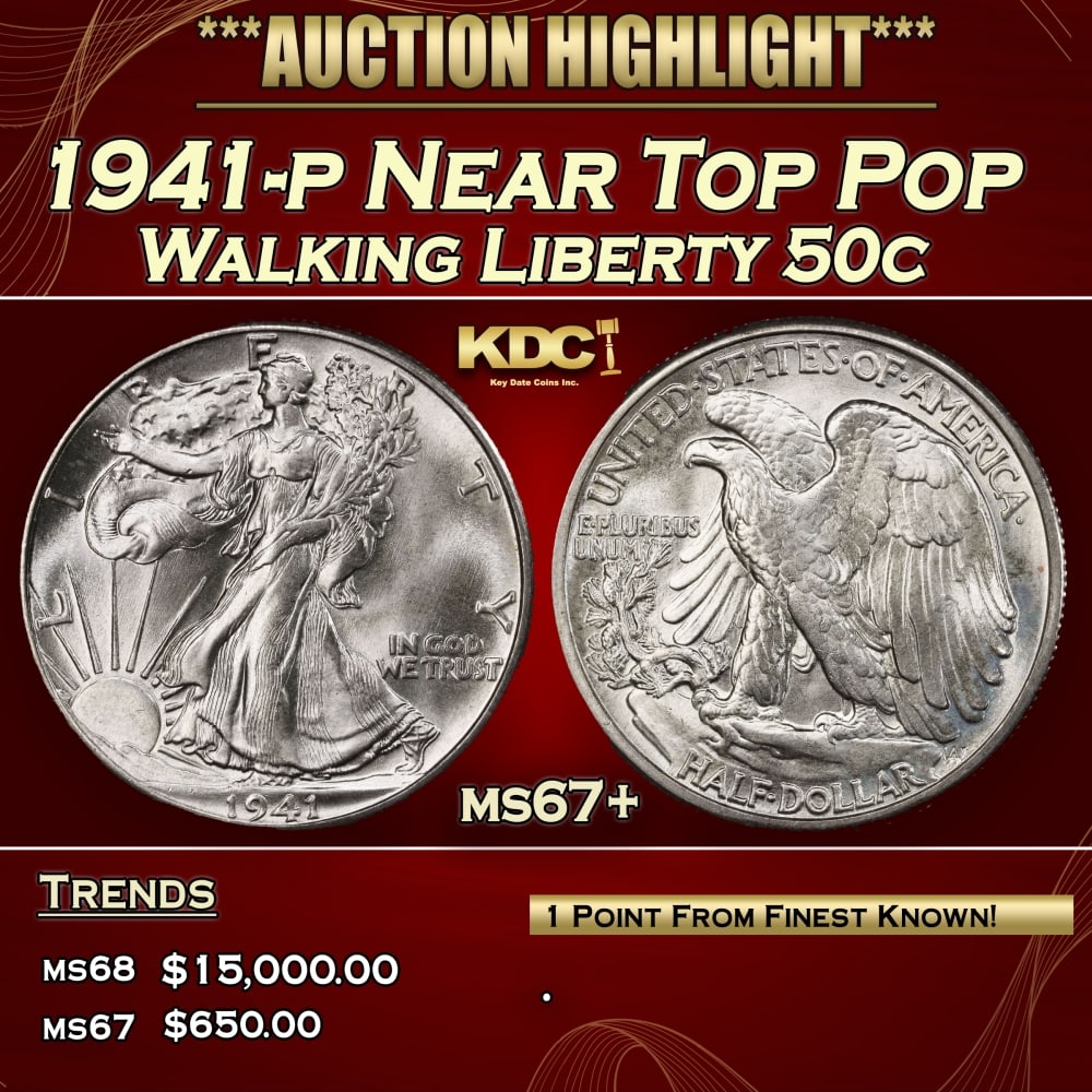1941-p Walking Liberty Half Dollar Near Top Pop 50c ms67+ SEGS (1 of 4)