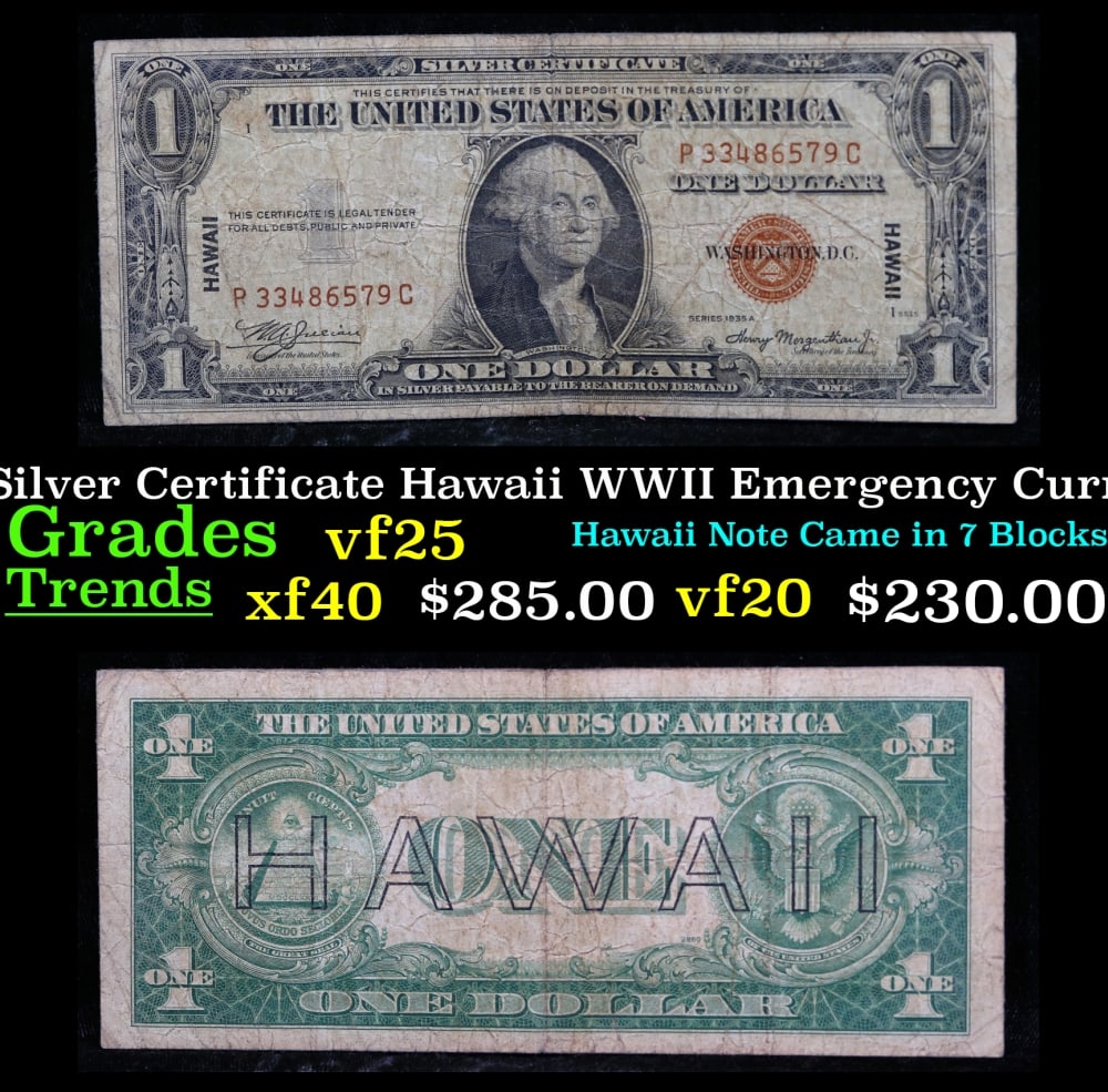 1935A $1 Silver Certificate Hawaii WWII Emergency Currency Rare PC Block Grades vf+: 1935A $1 Silver Certificate Hawaii WWII Emergency Currency Rare PC Block Grades vf+. FR-2300 The $1 Hawaii Note Came in 7 Blocks the SC Block Which is the most common, The LC, PC, CC, and YB Blocks ar