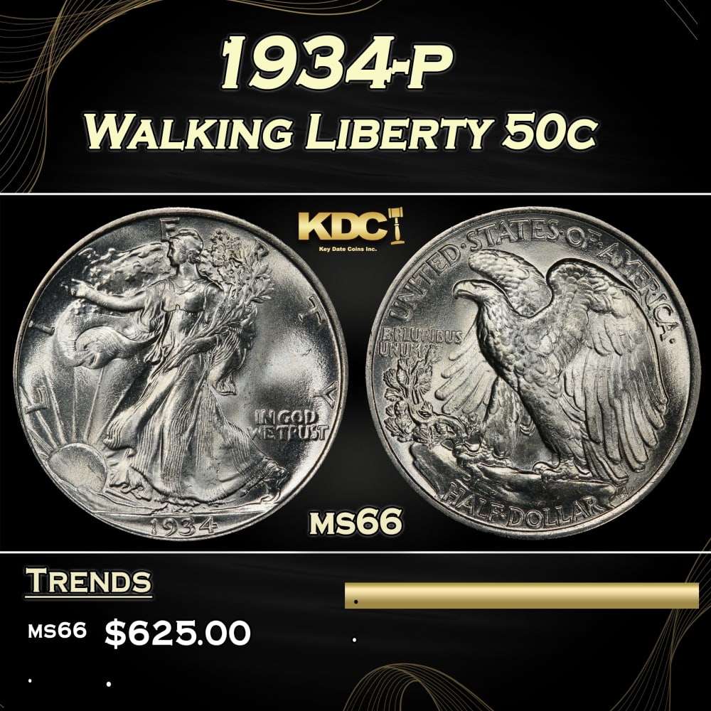 1934-p Walking Liberty Half Dollar 50c Grades ms66 (1 of 3)