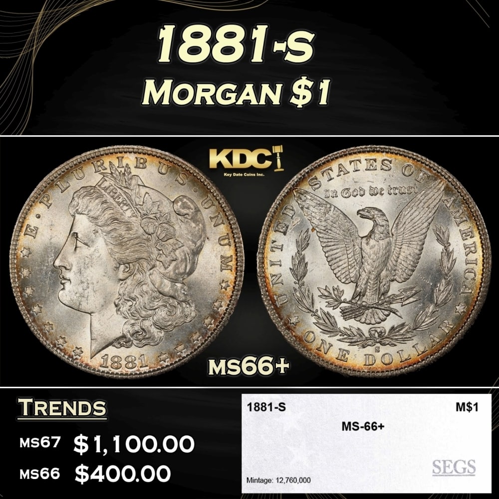 1881-s Morgan Dollar $1 ms66+ SEGS: 1881-s Morgan Dollar $1 ms66+ SEGS. 0