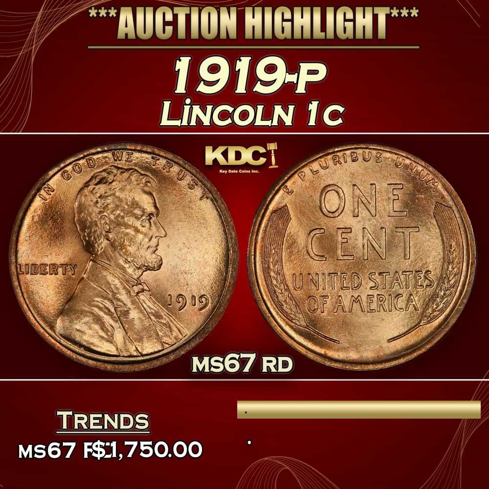 1919-p Lincoln Cent 1c ms67 rd SEGS (1 of 3)